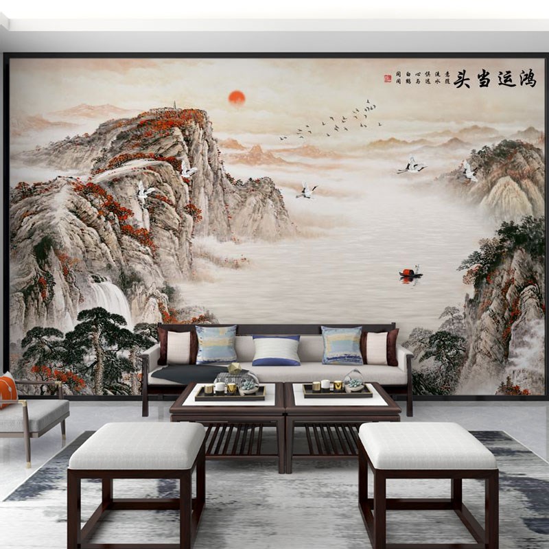 壁画定制3d立体中式鸿运当头山水C电视背景墙壁纸客厅墙纸装饰墙