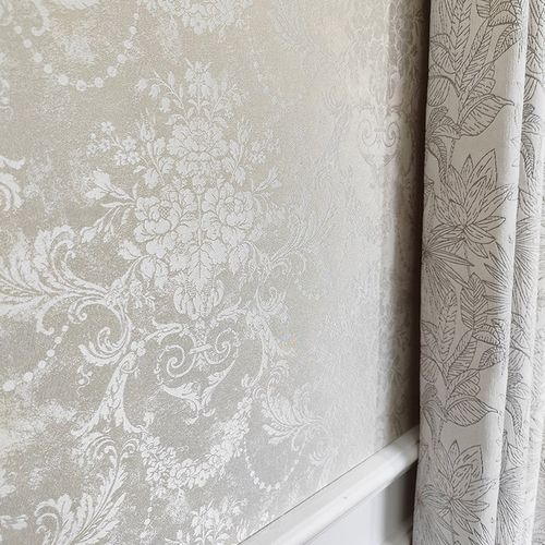 法式轻奢客厅卧室床头q电视背景墙大花墙布 欧式米黄色全屋提花