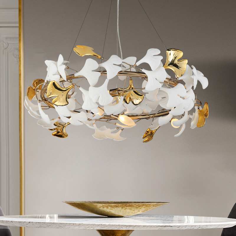 轻奢客厅吊灯银杏叶陶瓷餐厅卧室灯现代简约创意艺术奶油法式灯具
