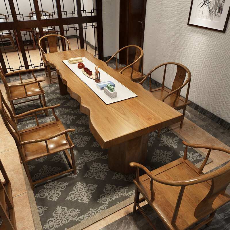 茶室酒楼会客自然边茶道桌新中式实木茶桌办公室大板原木泡茶桌