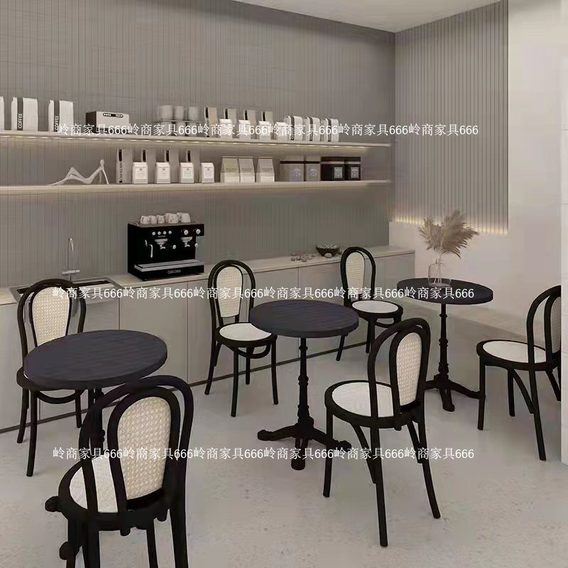 实木咖啡桌烘焙甜品店酒吧餐厅圆方桌藤编餐椅咖啡厅复古桌椅组合