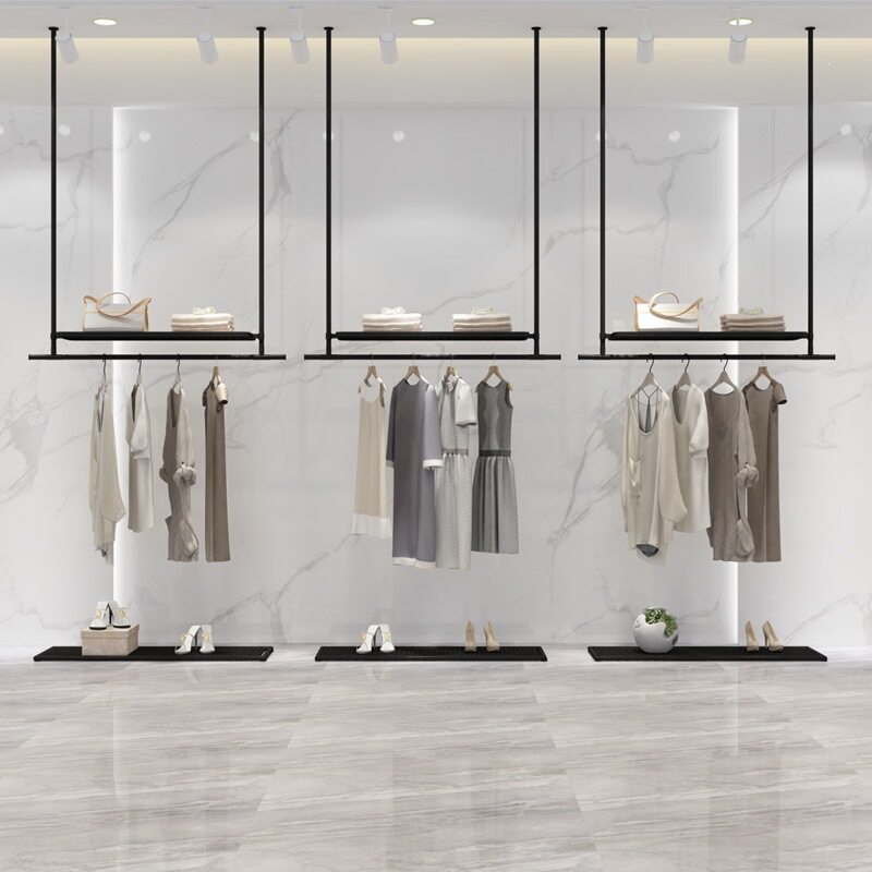 简约服装店吊顶悬挂衣架男女装店吊架上墙服装展示架童装黑色货架