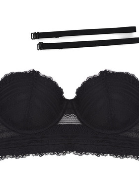 西班牙轻奢几何蕾丝1/2半杯有钢圈柔软薄棉杯可拆卸肩带文胸 黑色