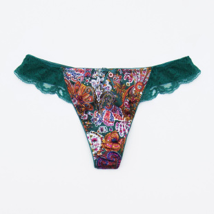 意大利Y牌轻奢性感老钱风度假松石绿色印花缎面蕾丝低腰女丁字T裤