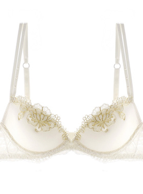 法式轻奢乳白色蕾丝金线刺绣性感深V低心位3/4柔软薄棉有钢圈文胸