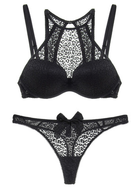 法式潮牌U*Z黑色蕾丝挂脖美背海绵杯上托集中聚拢文胸丁字T裤套装