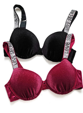 欧美轻奢闪亮水钻字母肩带性感丝绒无钢圈文胸本命年酒红色黑色