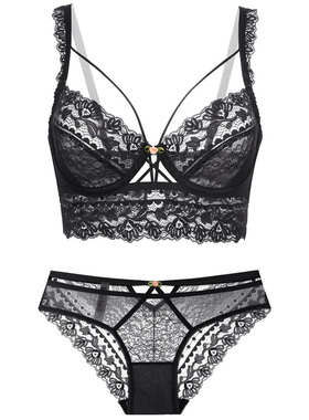 法式超薄杯透明蕾丝侧收调整型聚拢性感镂空绑带文胸套装黑色