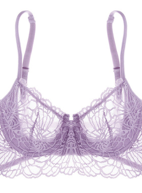 2件包邮法式透明蕾丝超薄杯大胸显小加宽侧收副乳调整型文胸紫色