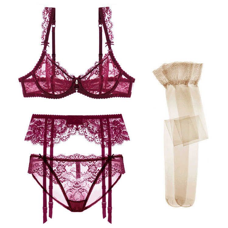 欧美性感超薄蕾丝杯/侧厚小胸集中聚拢杯文胸吊袜带四件套酒红色