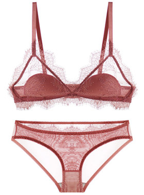 法式内衣性感睫毛蕾丝薄棉无钢圈Bralette文胸套装枯叶玫瑰灰黑色