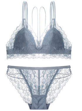 法式性感三角杯薄棉杯不凸点水滴形镂空绑带无钢圈文胸套装雾蓝色