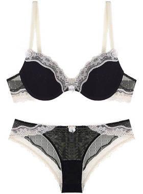 包邮 意大利优雅黑色蕾丝米色花边薄棉杯有钢圈文胸套装 活动插口