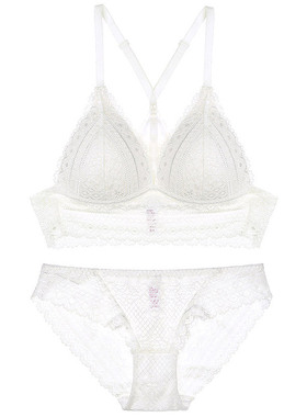 法式内衣无钢圈Bralette薄棉三角杯Y字肩带蕾丝性感文胸套装白色