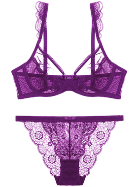 包邮 法国超软性感透明蕾丝超薄杯文胸内衣套装 深紫色 黑色