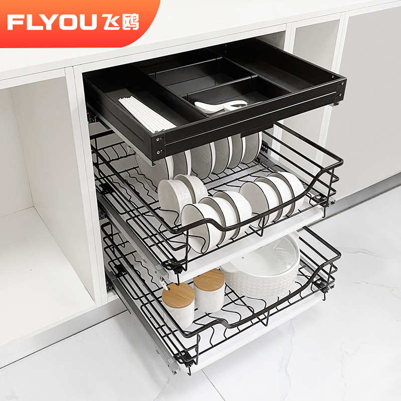 三层飞架置不锈钢工具橱柜物收纳抽屉分隔鸥厨房篮拉碗碟黑色篮
