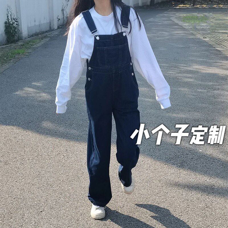 150小矮个子牛仔奶系q背带裤女减龄可爱日系宽松直筒阔腿裤XS九分