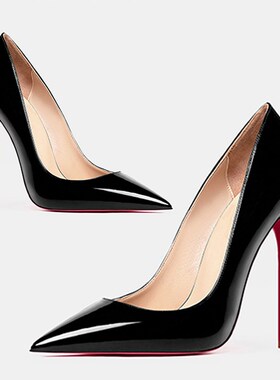 2024欧美红底特细高跟12CM高跟鞋尖头浅口黑色漆皮气质工作单鞋女