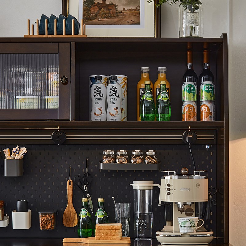 美式餐边柜一体靠墙高柜家用简约现代茶水柜洞洞板置物架纯全实木