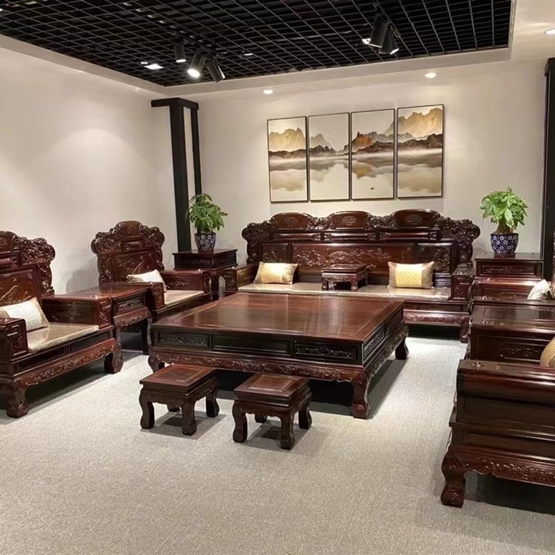 名贵东非酸枝富贵连年沙发十三件C套古典整装榫卯木雕大茶几靠背
