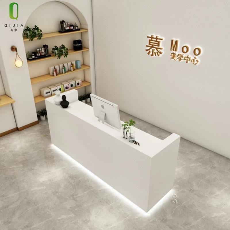 网红服装店收银台白色哑光带灯公司接待前台简T约美容院吧台定制