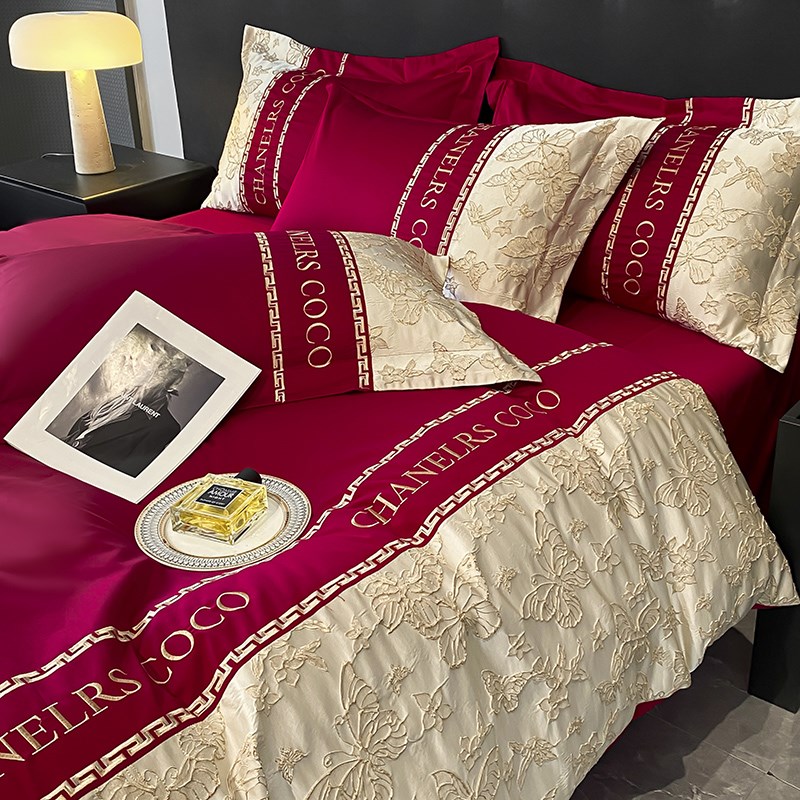 中式简约婚庆四件套大红色床单被套结婚床上用品婚房喜被