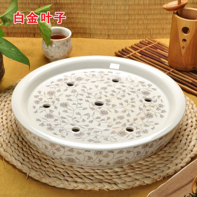 青花瓷大号12英寸圆形蓄水陶瓷茶盘 茶托盘功夫茶具 茶海带盖茶洗