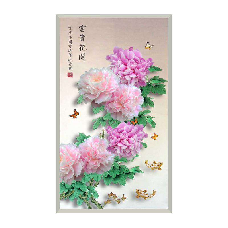 18D富贵牡丹古典玄关壁纸走廊背景墙纸过道中式花鸟壁画竖版墙布