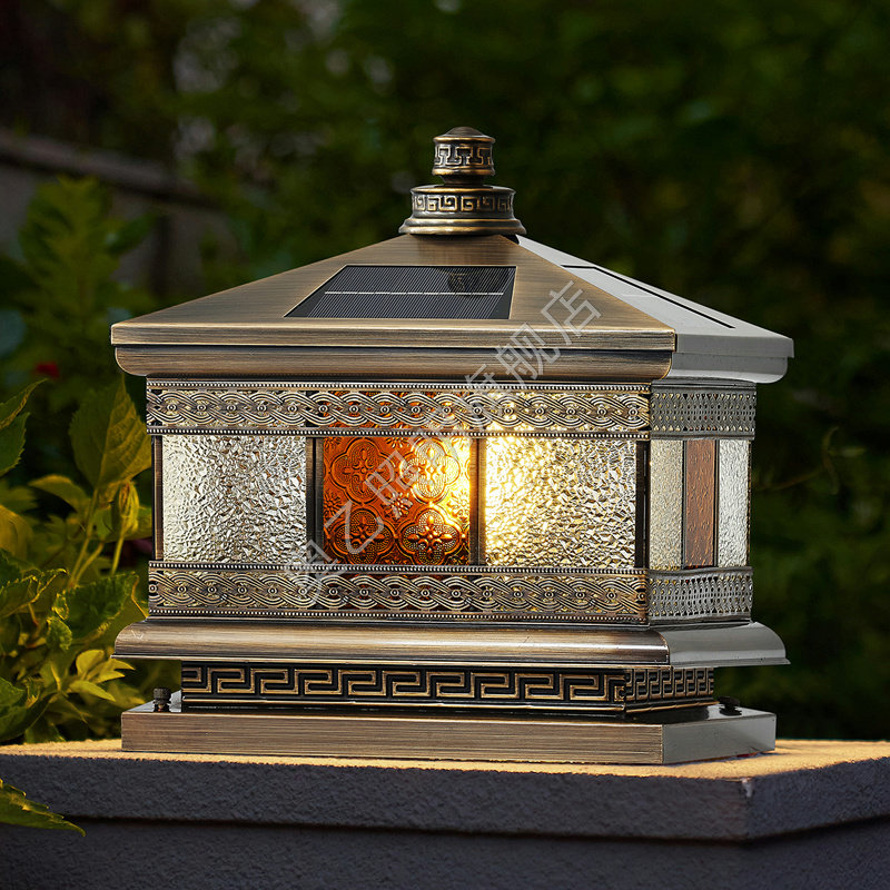 全铜太阳能柱f头灯户外围墙庭院灯别墅花园室外门柱灯大门口柱子