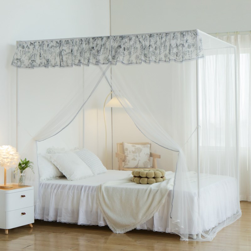 2024新款蚊帐家用卧室高级1.8米带支F架1.5m三开门老式落地式纹帐