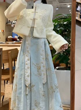 大码胖mm新中式国风毛呢上衣短外套半身裙女冬改良马面裙两件套装