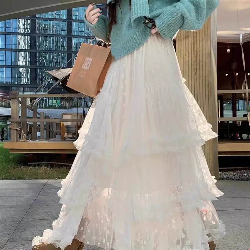 白色蕾丝蛋糕裙半身裙女2025春夏新款不规则a字蓬蓬中长裙子显瘦