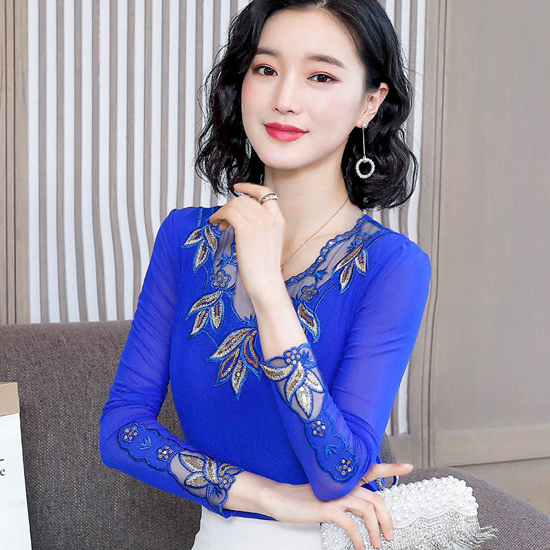 蕾丝打底衫女长袖2020春装新款时尚小衫薄款内搭修身网纱上衣洋气