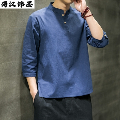 中国风男装亚麻七分袖短袖t恤男大尺码宽松麻料半袖小衫夏棉麻衣