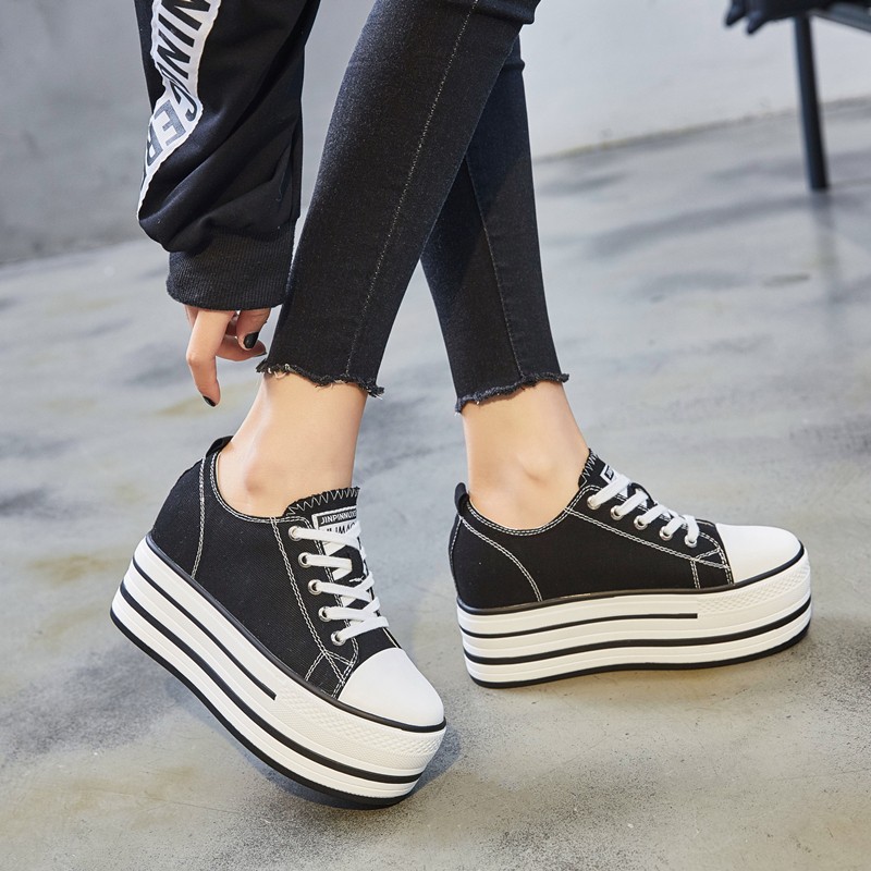 厚底帆布鞋女9cm内增高小白鞋潮2021年新款秋季休闲松糕单鞋百搭