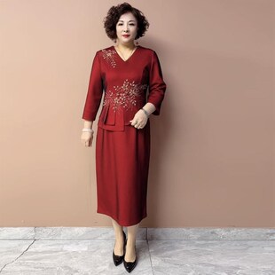 假两件连衣裙 婚宴敬酒服修身 中年妈妈气质减龄喜婆婆时尚 洋气大码