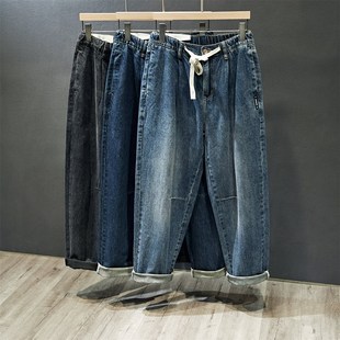 潮流长裤 阔版 子春秋款 男日系简约松紧腰男生老爹裤 宽松直筒牛仔裤