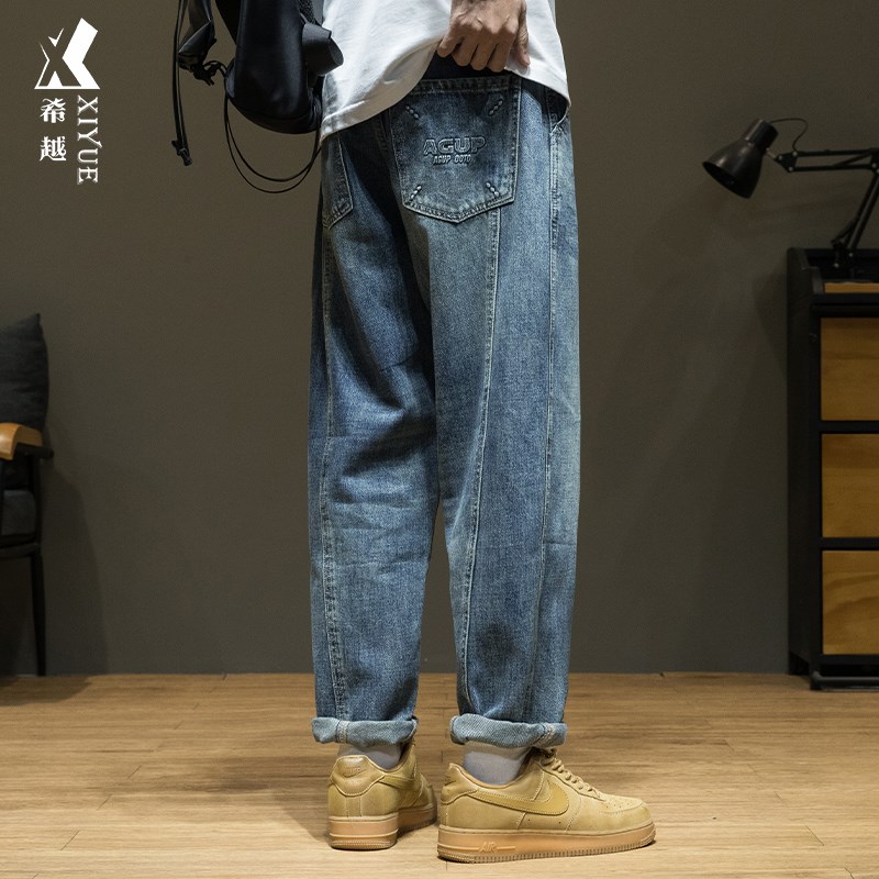 希越重工水洗牛仔裤男2024新款复古休闲裤子宽松直筒大码九分男裤图片