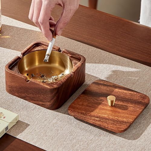 胡桃木烟灰缸家用客厅带盖不锈钢防飞灰实木烟缸办公室高级感摆件