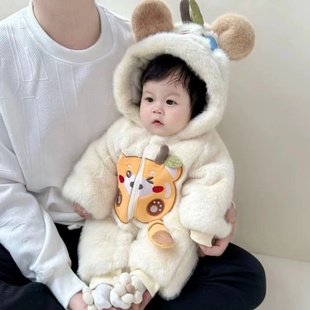 冬季 婴儿加绒加厚男女宝宝可爱超萌网红连体衣外出爬爬服洋气 新款