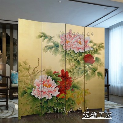 手绘金箔漆画屏风牡丹屏风漆画y背景墙移动茶室电视背景墙画可定
