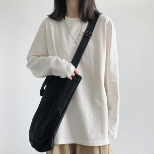 打底衫 白色长袖 T恤女士秋冬加绒加厚简约宽松内搭圆领纯棉中长款