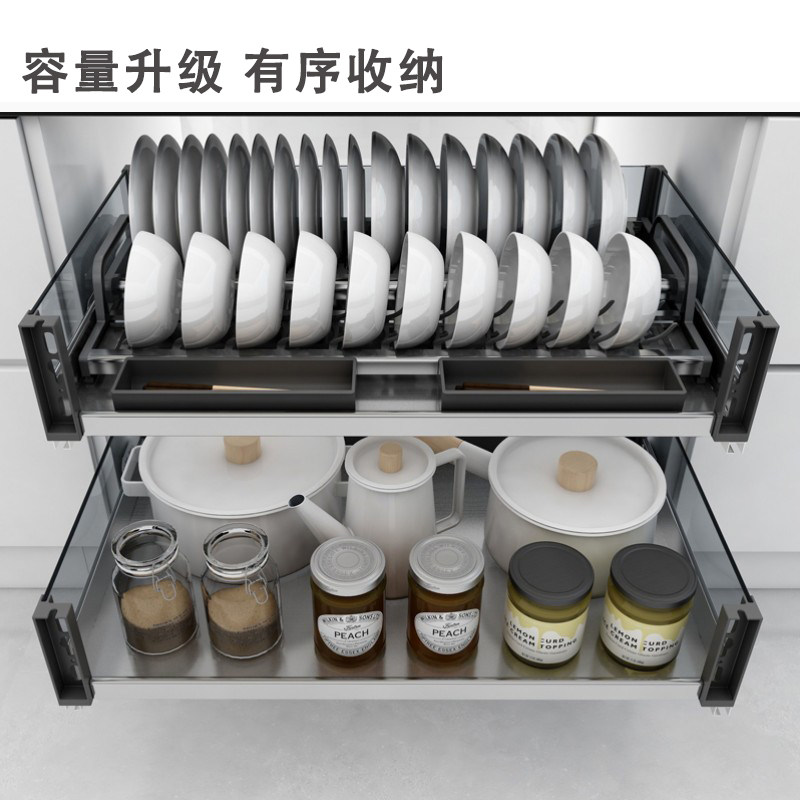 厨房玻璃拉篮橱柜阻尼轨道双层抽屉碗篮碗碟篮缓冲式铝合金收纳篮,家装主材,拉篮,淘宝优惠券,粉丝福利购,淘宝优惠卷