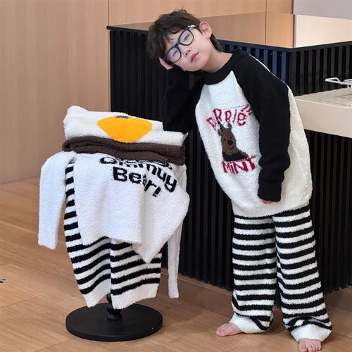 男童睡衣套装男宝宝加绒保暖居家服男孩冬季卡通加厚半边绒家居服