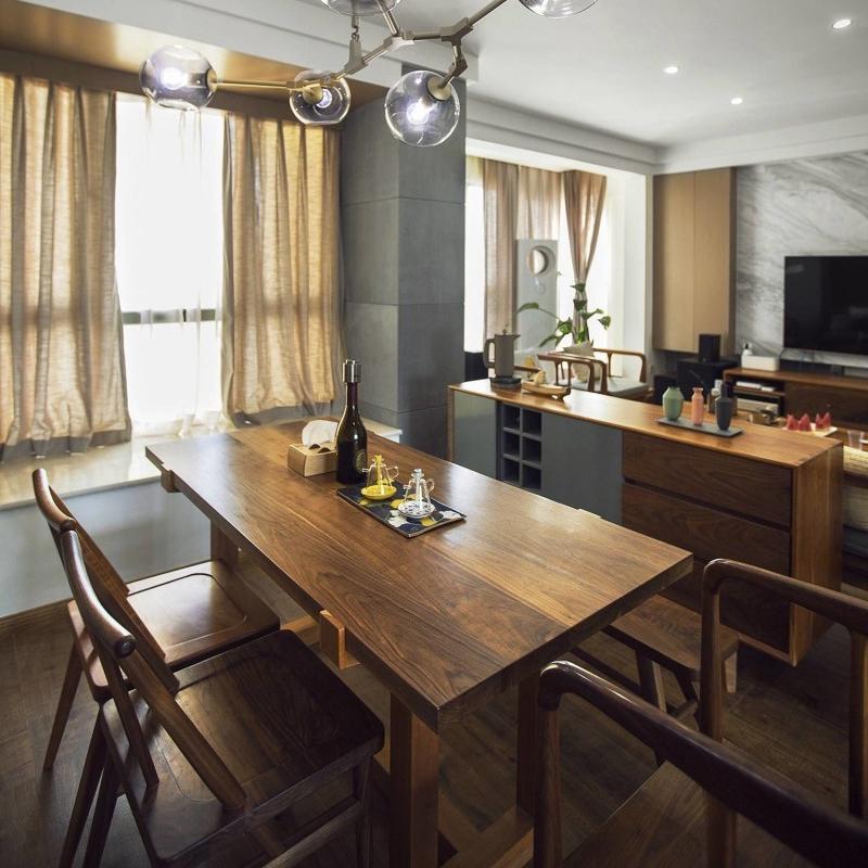 黑胡桃圆餐桌岛台餐桌一体可伸缩家用新中式茶桌禅意实木家具定制