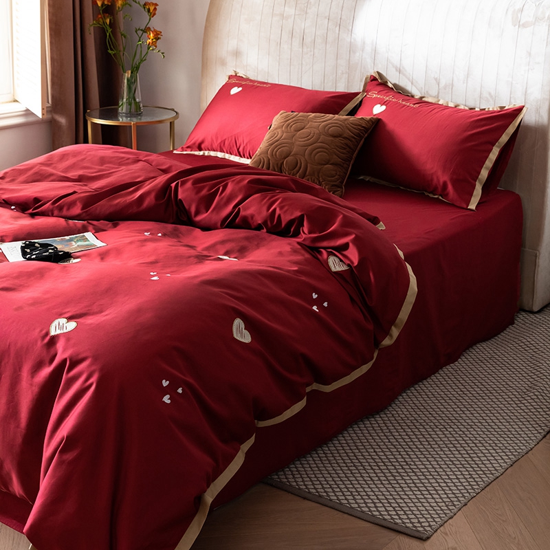 简约婚庆四件套大红色婚房床单被套全棉结婚床上用品新婚喜被