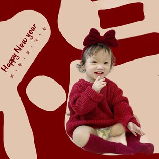 儿童圣诞新年f主题摄影服装女孩红色毛衣影楼拍照1-3岁新年主题服