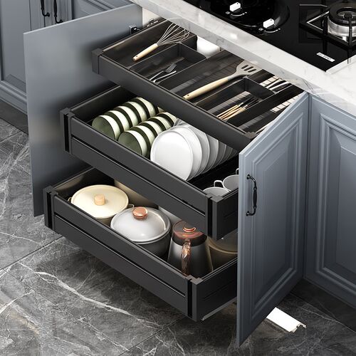 拉篮厨房橱e柜碗篮三层抽屉式厨柜内架铝合金碗碟碗架工具调味料