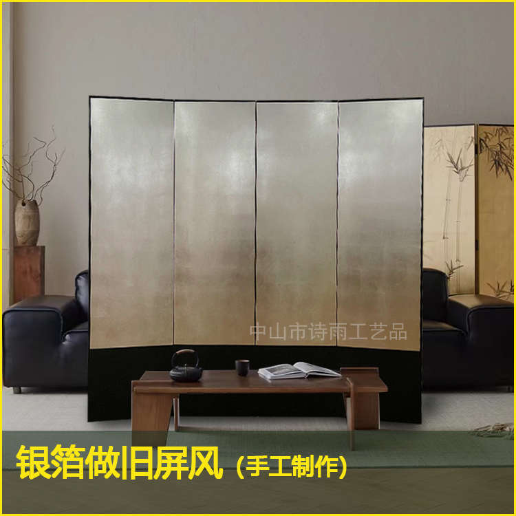 可简约银箔客厅屏风沙发背景墙手绘漆画贴箔工艺日式素面屏风