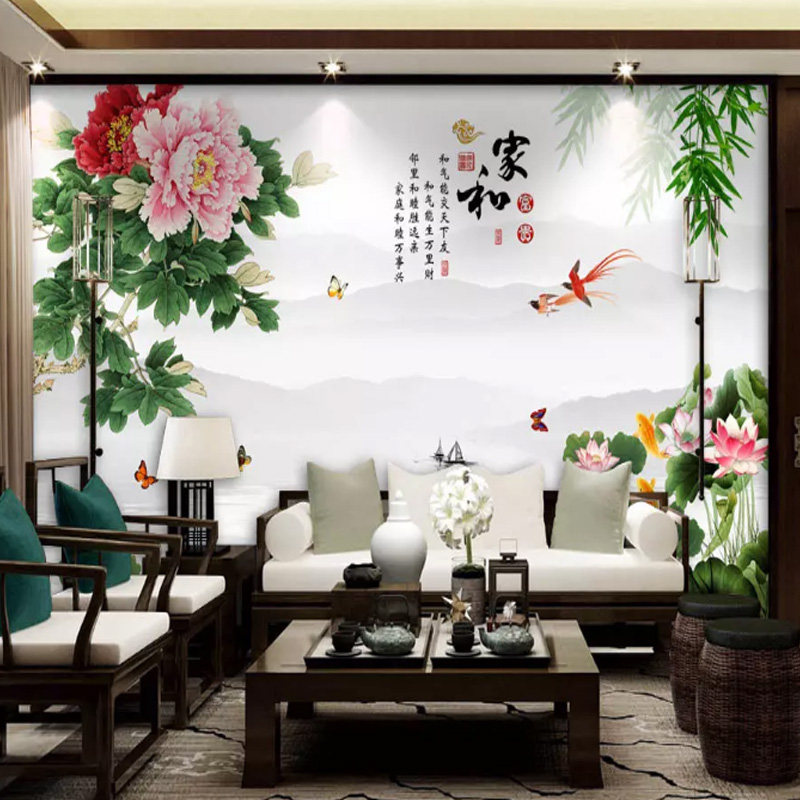 5d新中式牡丹花电视背景墙壁画影视墙壁纸花开富贵墙布装饰画墙纸